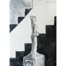 Sculpture of a woman and a staircase